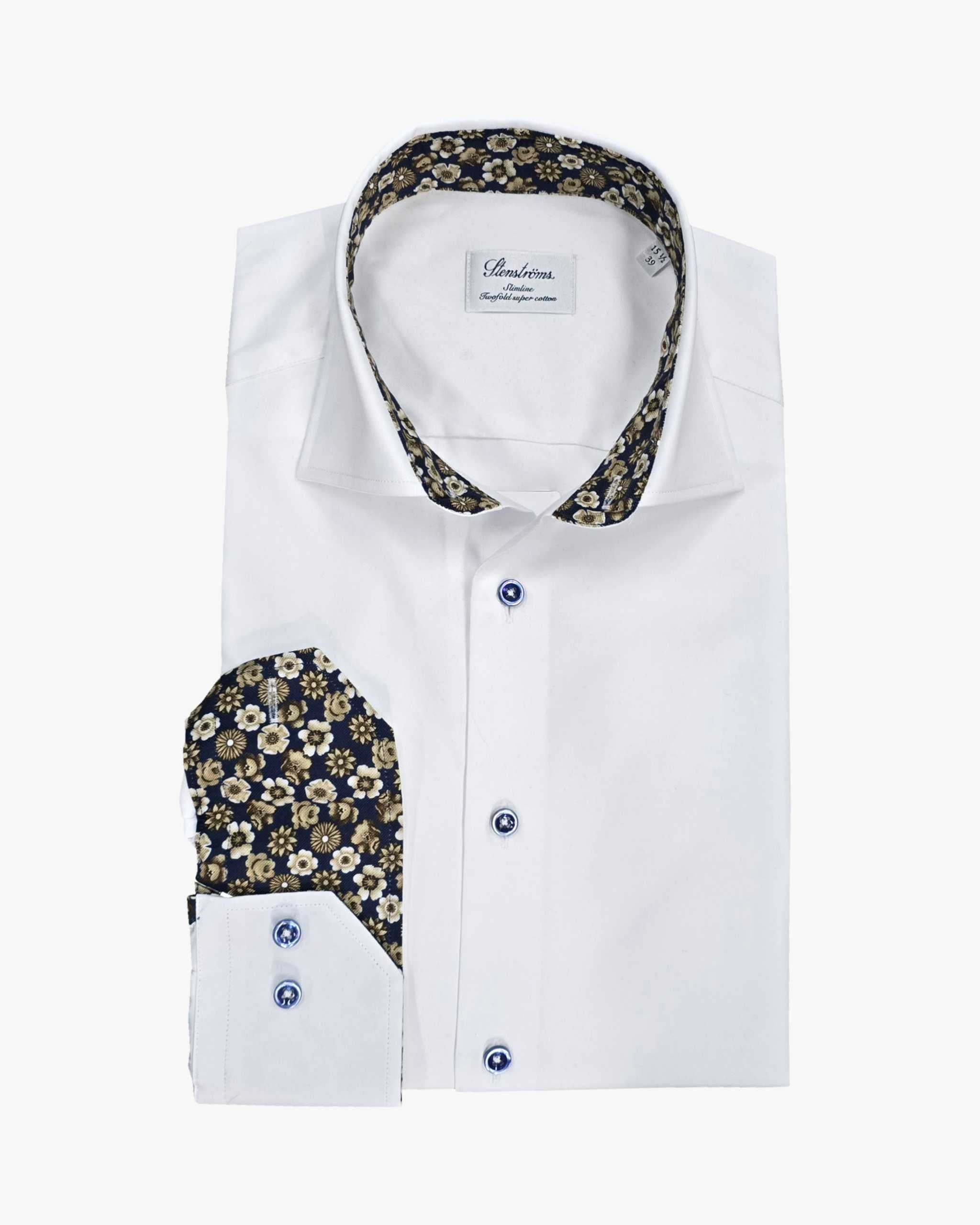 Slimline White Dress Shirt with Floral Contrast Cuffs