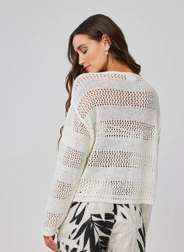 Open Knit Stripe Crew Sweater in White