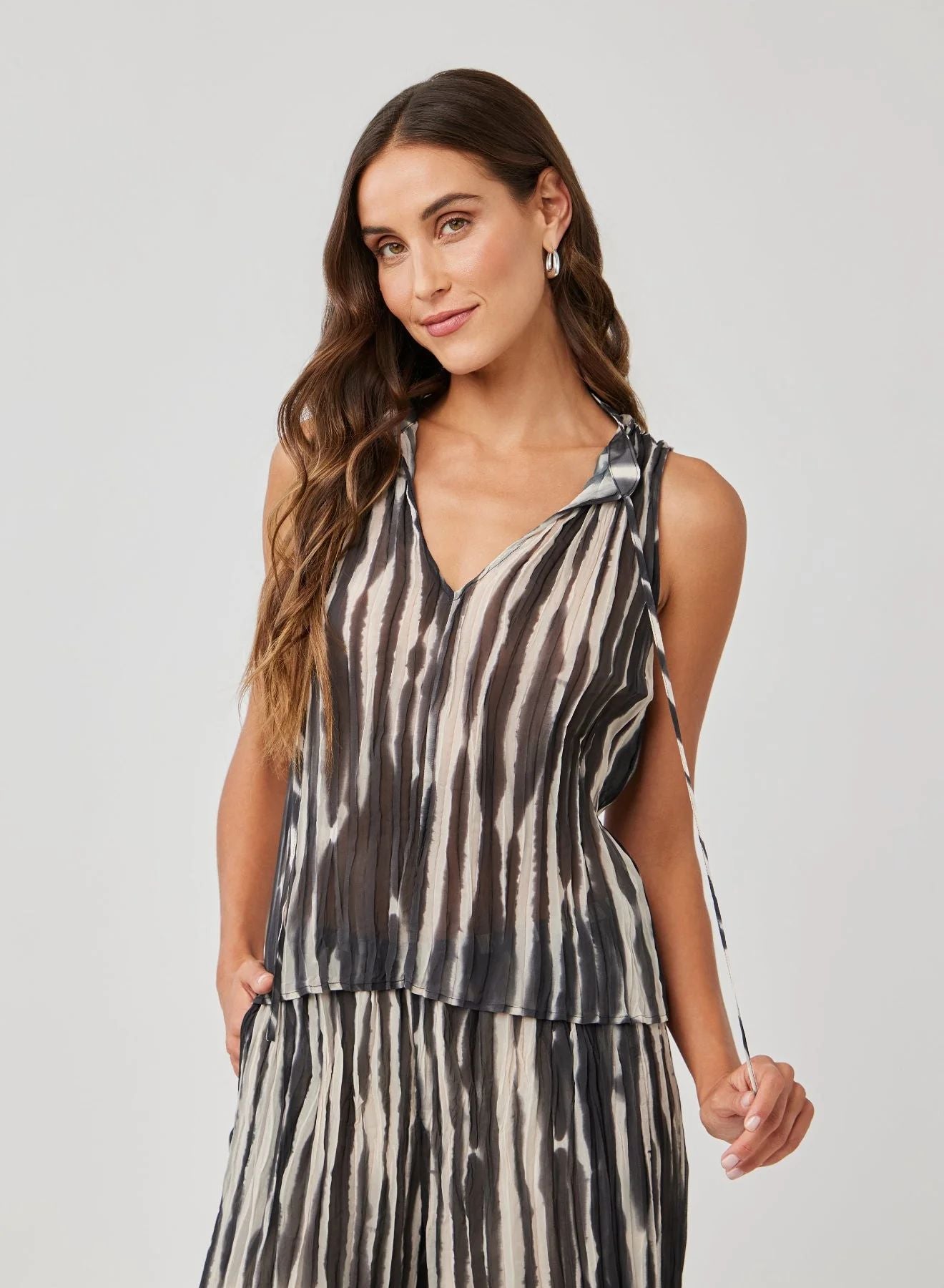 Tie Neck Pleated Blouse in Brushed Stripe Print