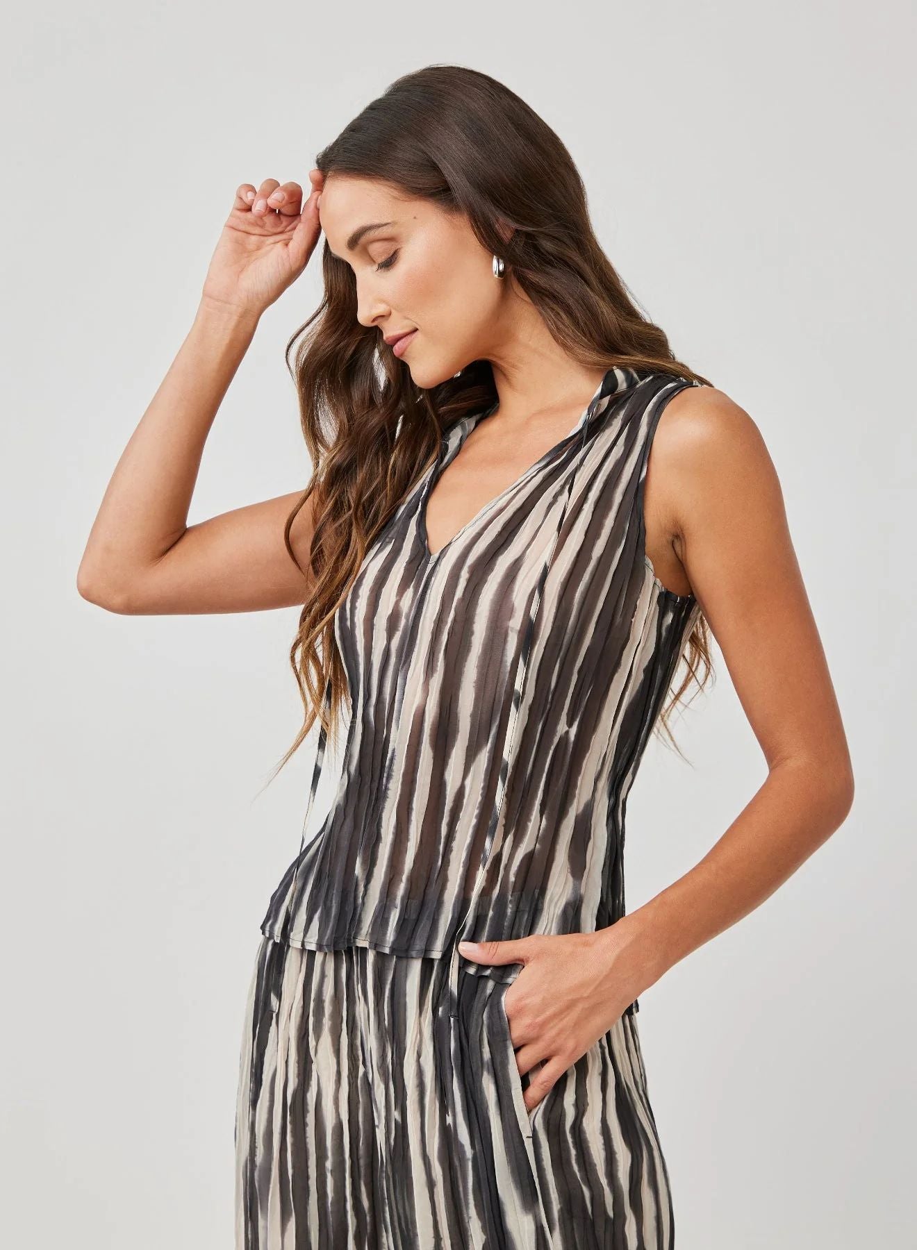 Tie Neck Pleated Blouse in Brushed Stripe Print